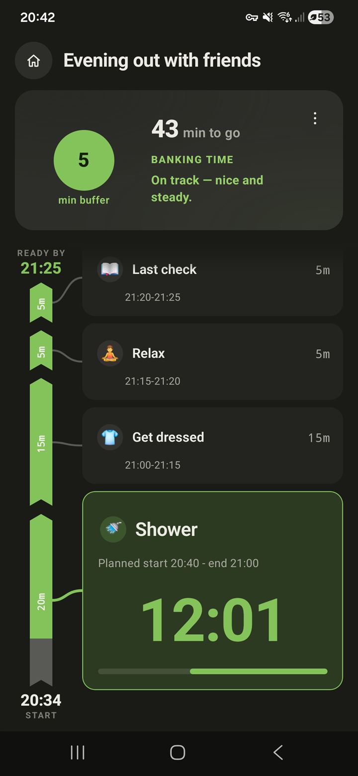 OutOnTime live run screen — 43 minutes to go, a 5-minute buffer, on track, with the timeline rail filling as the current step counts down