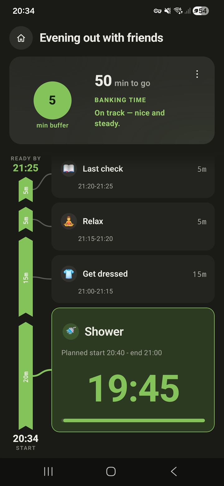 OutOnTime run screen, on track: 50 minutes to go, a 5-minute buffer, and a paced timeline of steps — Shower in progress, then Get dressed, Relax and Last check